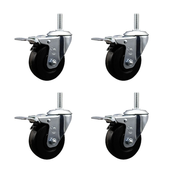 4 Inch Phenolic Swivel 58 Inch Threaded Stem Caster Set with Total Lock Brake